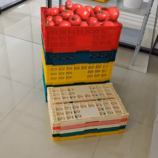 Comercio al por mayor, económico, fácil de limpiar, caja apilable de plástico para cargar mariscos, caja de almacenamiento reutilizable plegable, vegetales de diseño personalizado de grado alimenticio